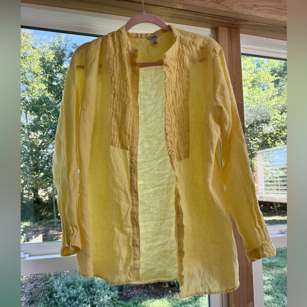 LL Bean Womens M Yellow 100% Linen Button Up Shirt Pintuck Long Sleeve Top